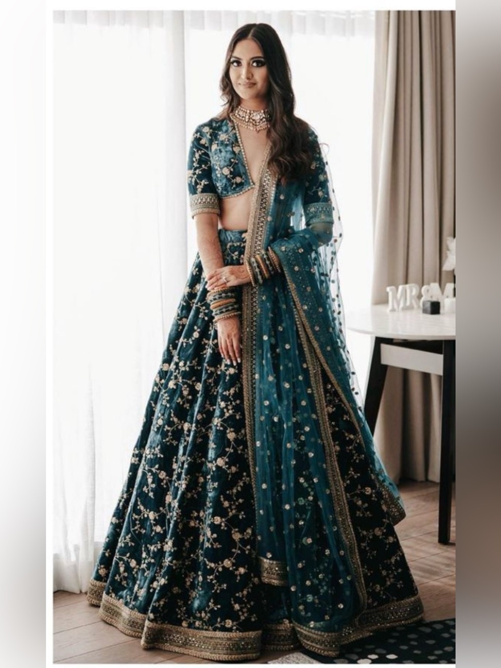 Sabyasachi Velvet Teal Embroidered Lehenga with Dupatta